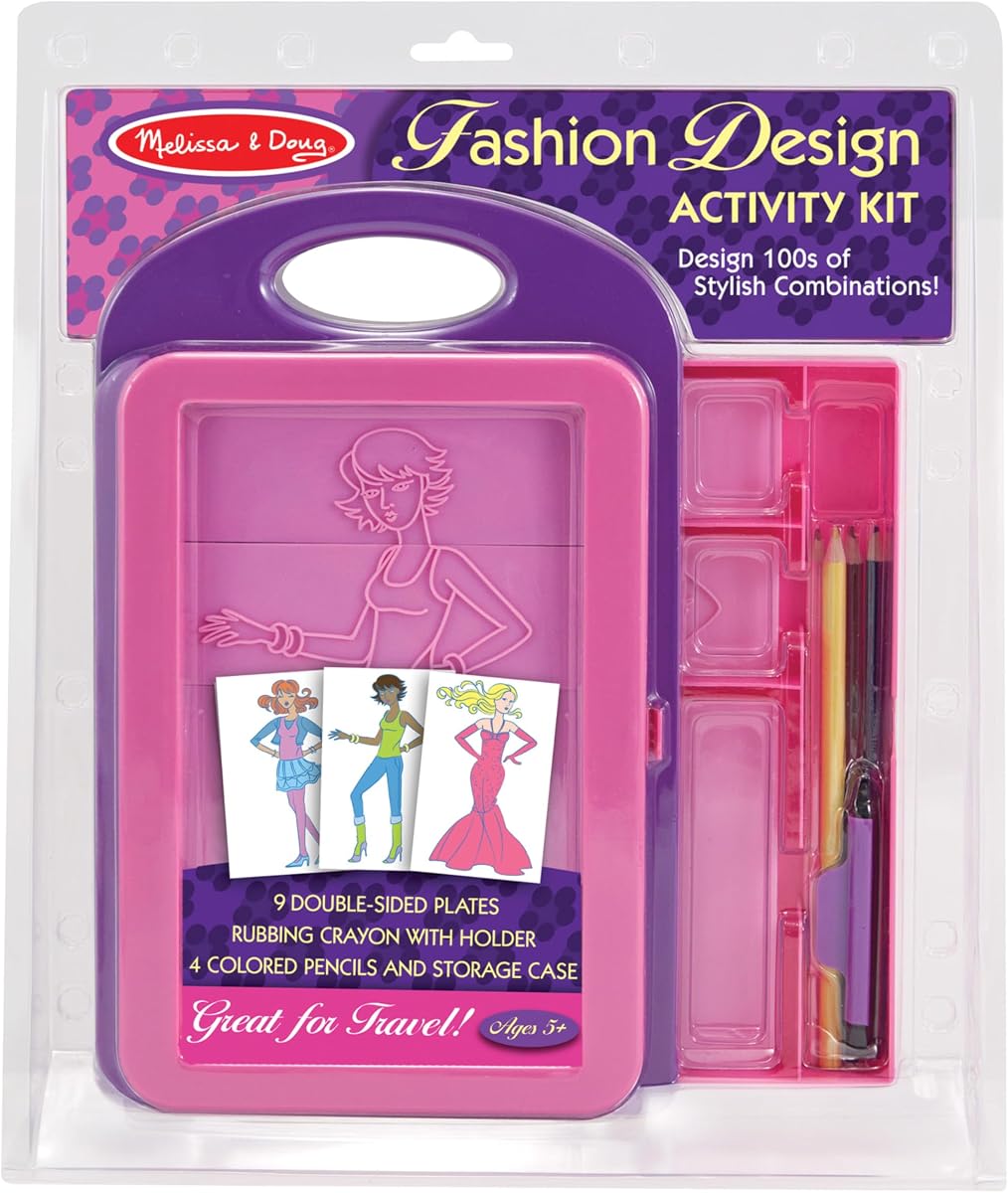 Fashion Design Art Activity Kit - 9 Double-Sided Rubbing Plates, 4 Pencils, Crayon - Fashion Plates, Travel Toys for Kids Ages 5+