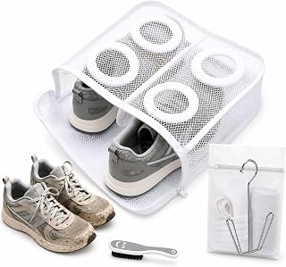 Bolsa para lavar zapatillas en lavadora con separadores – Set completo con cepillo, bolsa pequeña para plantillas y cordones y percha para secado – Tamaño XL 36×30×12 cm
