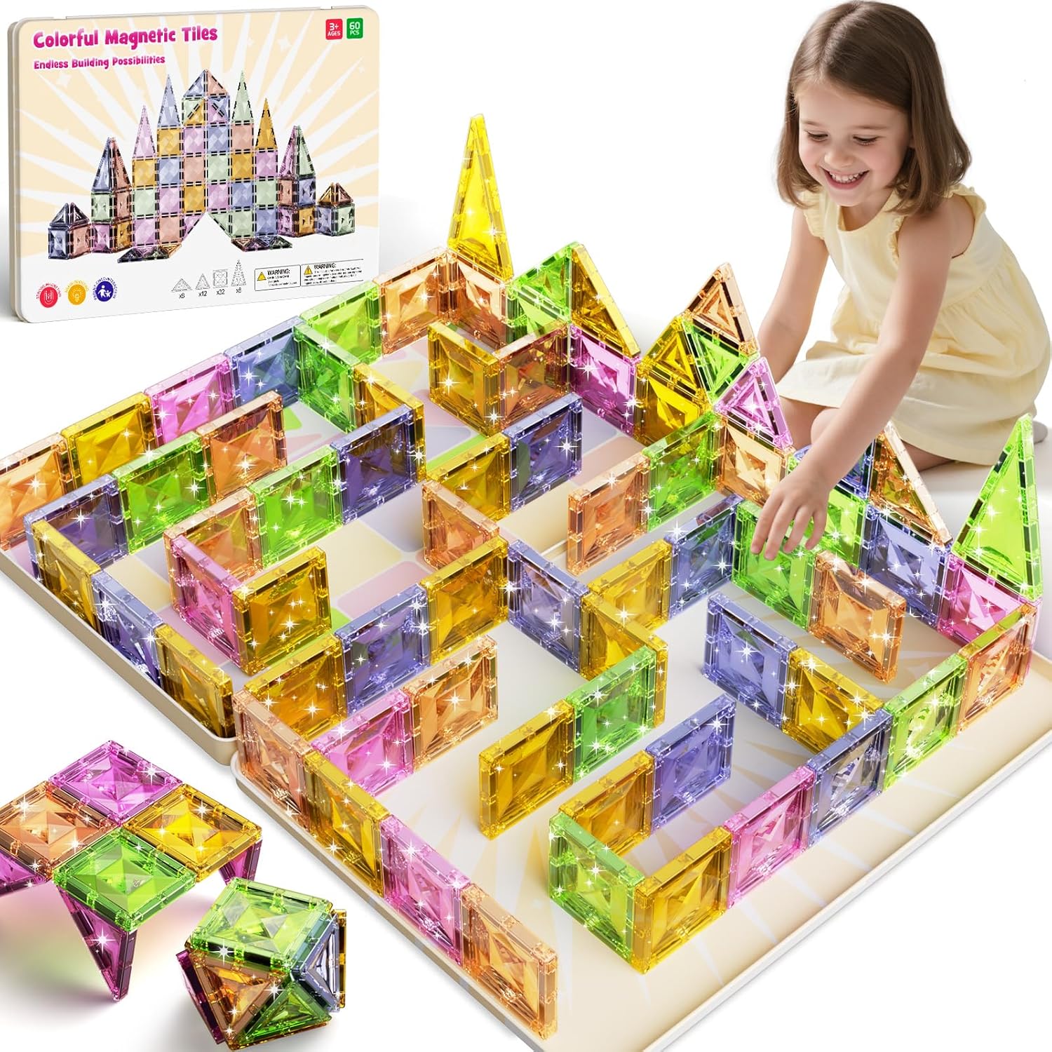 Magnetic Tiles for Kids Ages 4-8, Magnetic Blocks Travel Set with Diamond Surface & Metal Storage Box, 60PCS STEM Learning Toys, Educational Building Gifts for 3-8 Year Olds