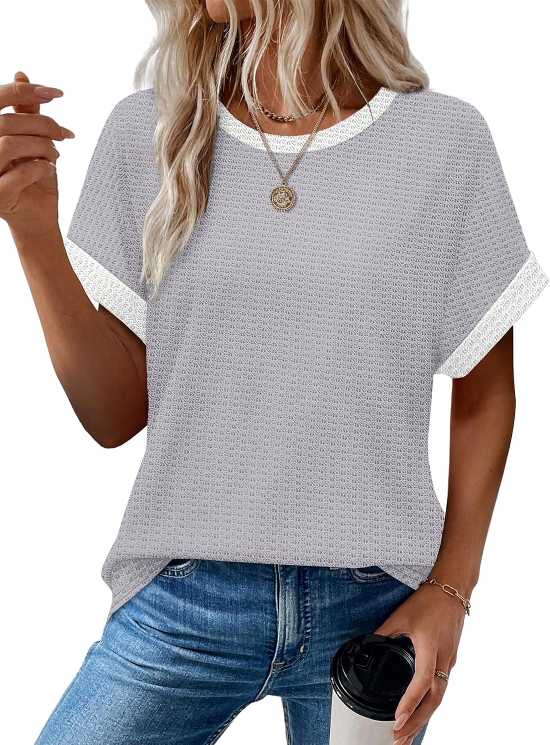 Sampeel Summer Tops for Women 2026 Trendy Rolled Short Sleeve Shirts Waffle Knit Crew Neck Tops Curved Hem Fashion Clothing - Image 2
