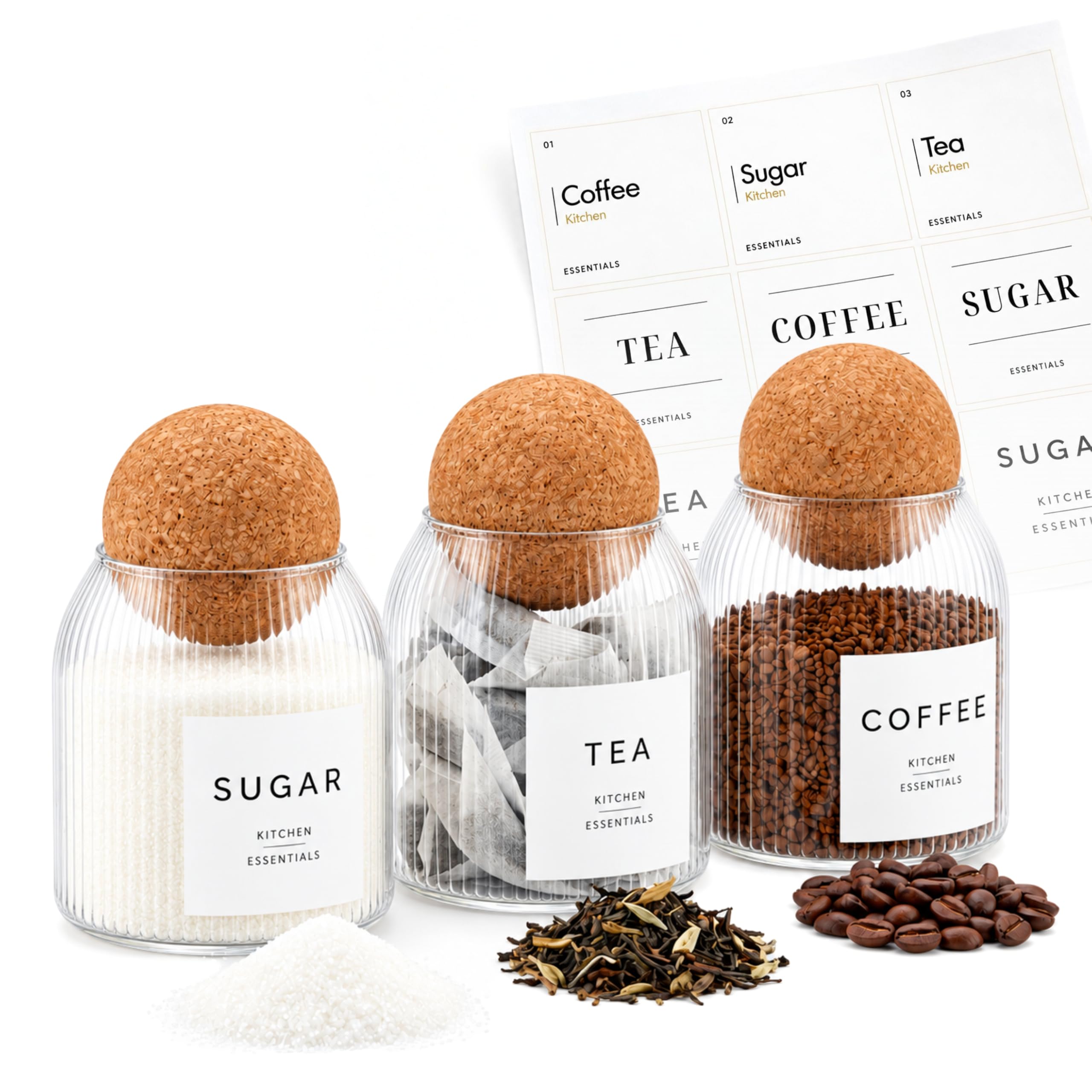 Livabl Ribbed Glass Jars with Cork Ball Lids, Set of 3, 500ml