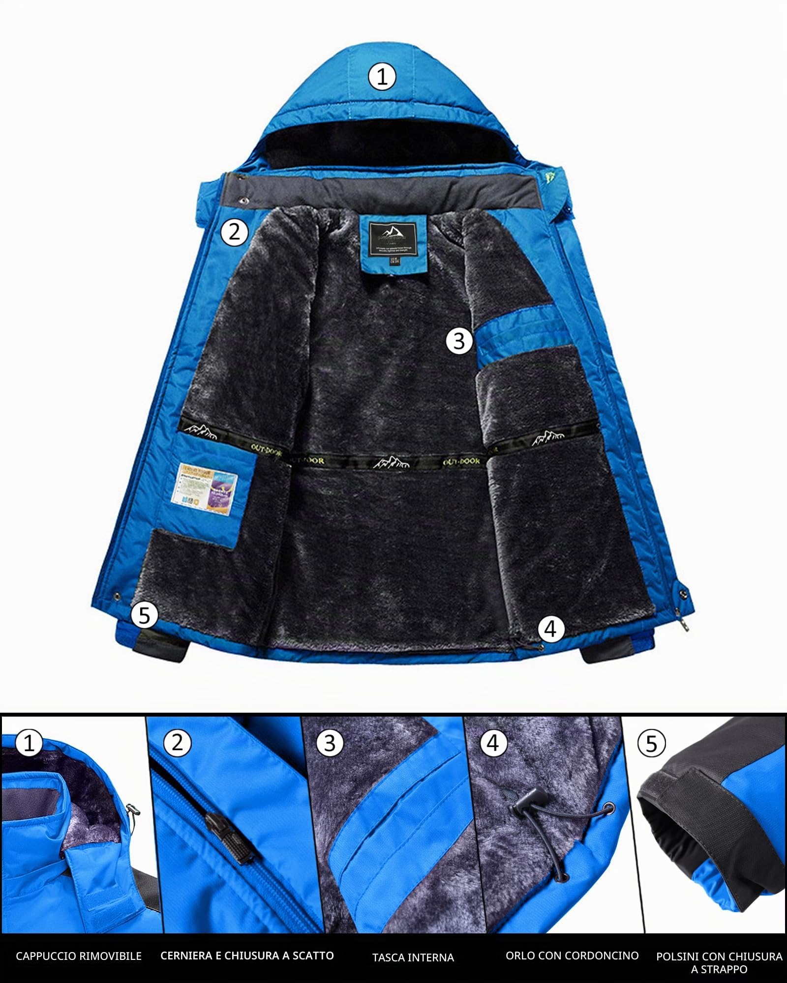 KEFITEVD Giacca invernale da uomo, impermeabile, calda, imbottita, giacca da sci invernale, antivento, traspirante, giacca da lavoro con cappuccio rimovibile