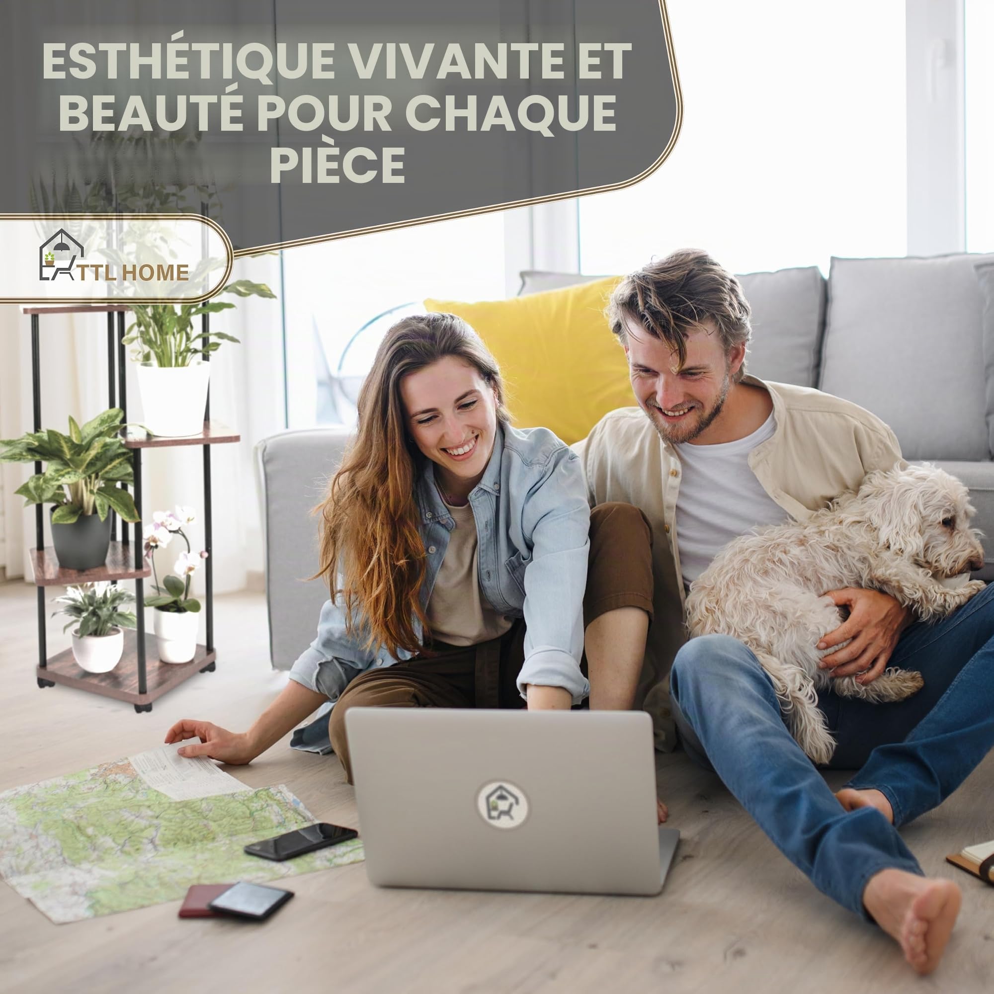 TTL HOME TOWER Étagère à plantes avec roulettes 5 étages – Étagère à fleurs 112 cm de haut pour salon – Support design en bois de chêne et métal noir – Escalier à fleurs & étagère intérieure
