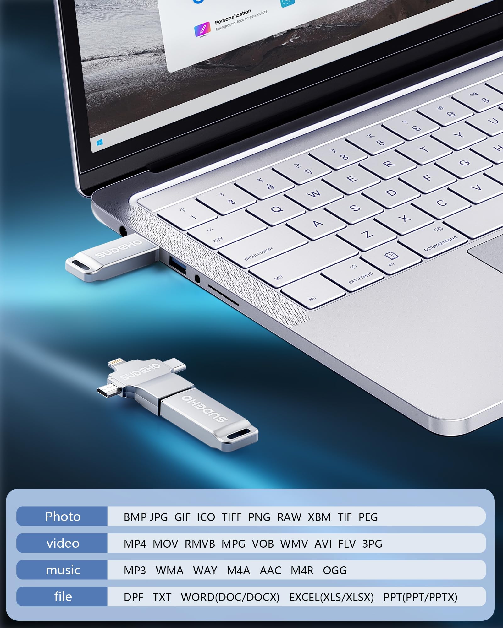 Memoria USB 16GB para Phone, 4 en 1 USB 3.0, Compatible con Pad Android PC, para Fotos vídeos música,Plata Espacial - 4