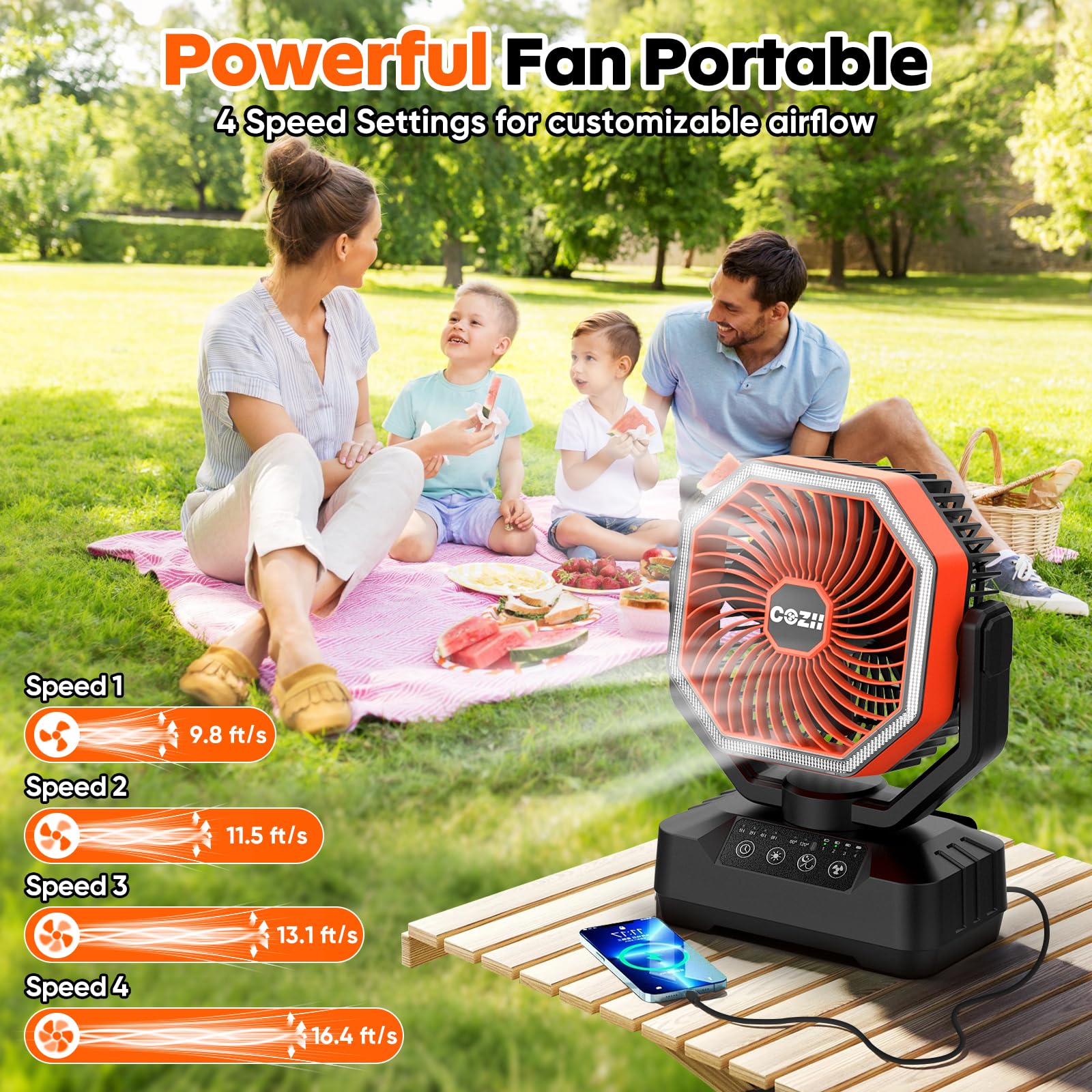 COZII Camping Ventilator 20000mAh USB Akku Tischventilator Oszillierend LED Licht Fernbedienung Haken Tragbar Leise