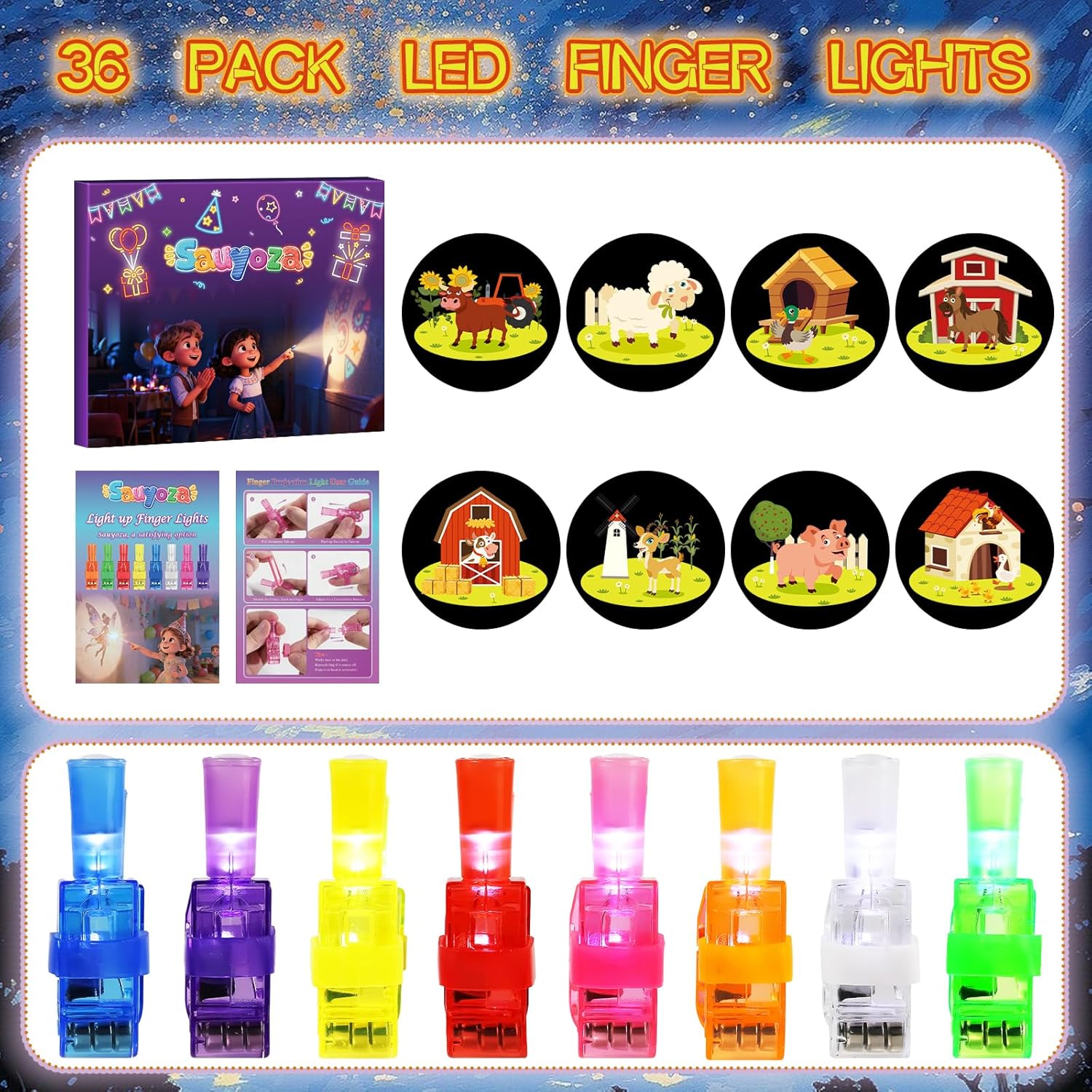 36 Pack Farm Party Favors LED Finger Lights, Glow Farm Animal Birthday Party Gifts for Kids, Goodie Bag Stuffers Classroom Treasure Box Prizes