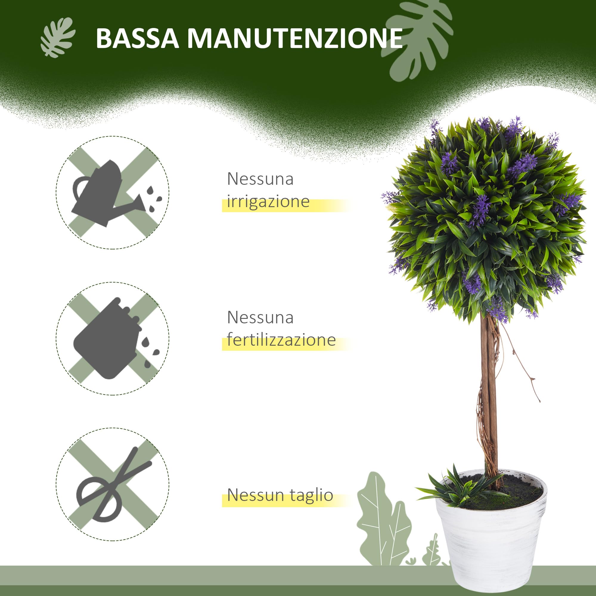 HOMCOM Set 2 Piante Finte da Interno e Esterno, Piante Artificiali a Sfera Anti-UV con Fiori di Lavanda e Vaso con Muschio e Cemento Incluso, Piante Verdi Decorative in PE e PP, Ø24x60 cm