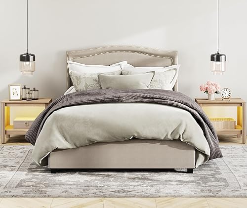 Miniatura 4 de WAMPAT Mesita de noche LED para dormitorio, mesa auxiliar de madera con estante de almacenamiento para sala de estar, dormitorio, roble