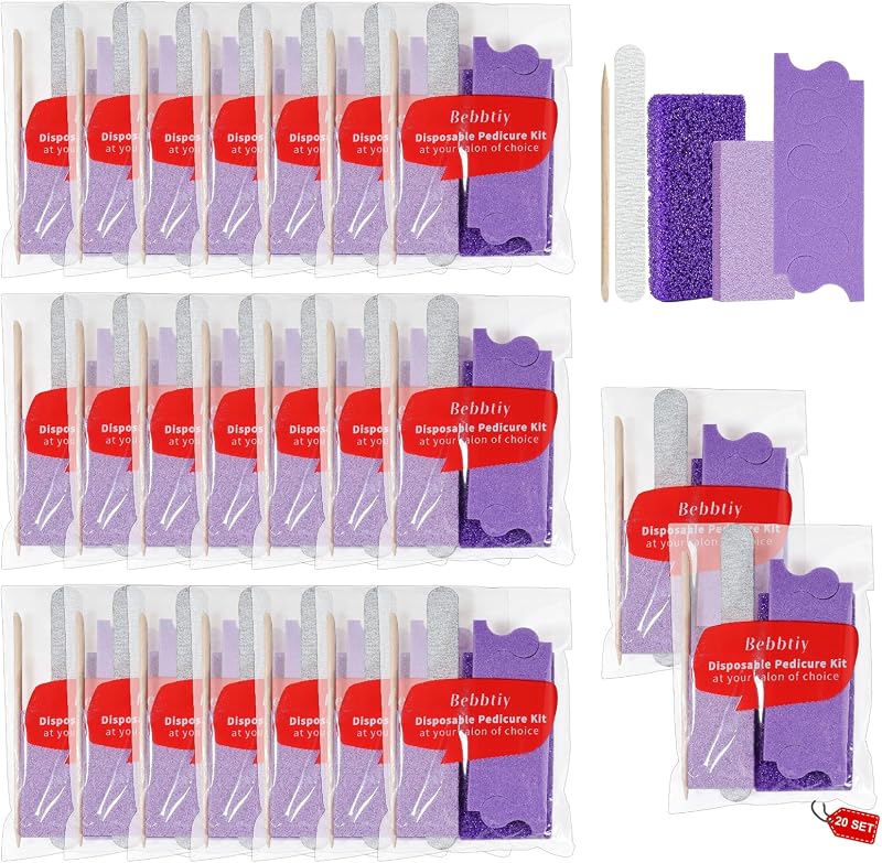 Juego de manicura y pedicura desechable 5 en 1 (20 unidades, grano 80/100) | Kit de pedicura para pies Kit de spa de pedicura profesional en casa con lima de uñas, almohadilla de piedra pómez, separador de dedos, mini tampón y bastón de madera