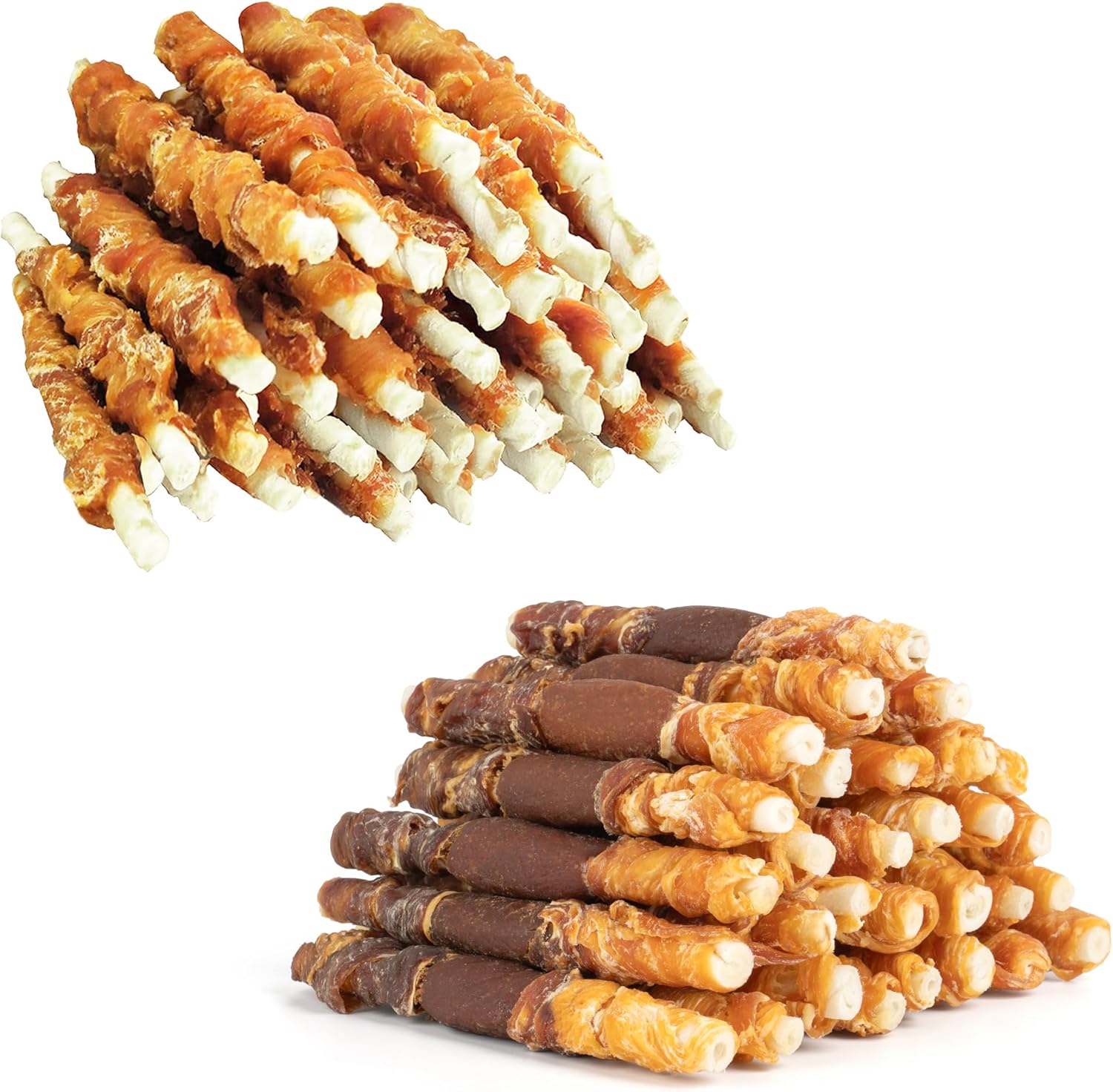 MON2SUN 5 Inch Rawhide Twist Chicken Hide Sticks 40 Count for Puppy and Small Dogs & Triple Flavor 5 Inch Chicken Liver Duck and Chicken Wrapped Rawhide 30 Count for Small and Medium Dogs