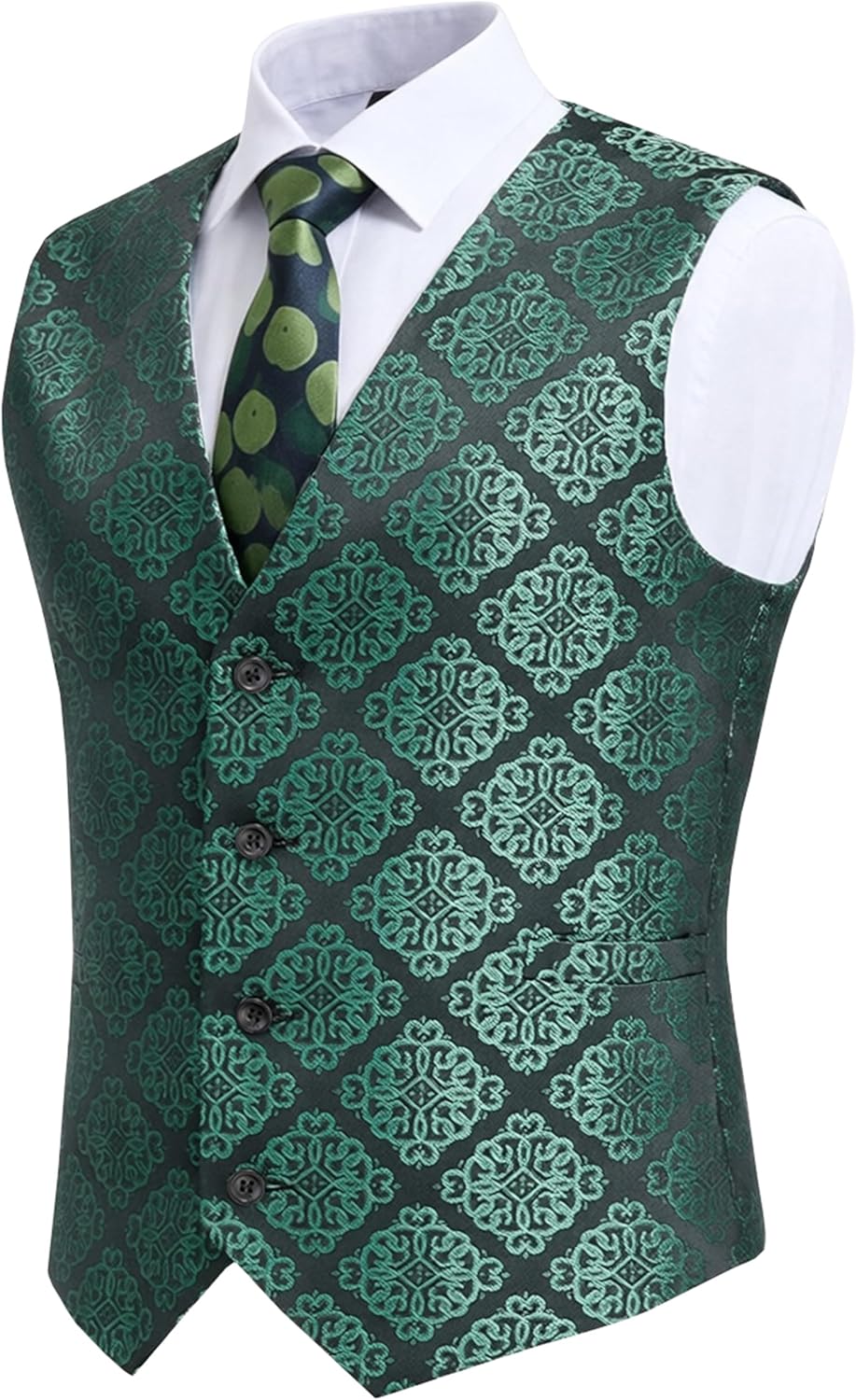Men's Formal Tuxedo Vests Casual Suit Vest for Men, Green Floral Slim Fit Jacquard Waistcoat for Wedding Prom Party