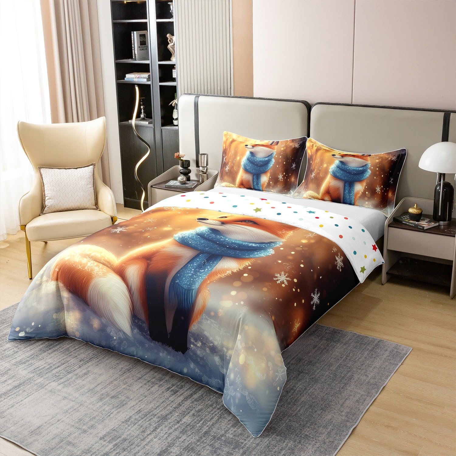 100% Natural Cotton Fox Duvet Cover King Size for Kids Boys,Winter Cartoon Animals 3 Pieces Duvet Cover,New Year Fox Farmhouse Style Comforter Cover (Not Comforter),Dreamy Snow Night Quilt Cover
