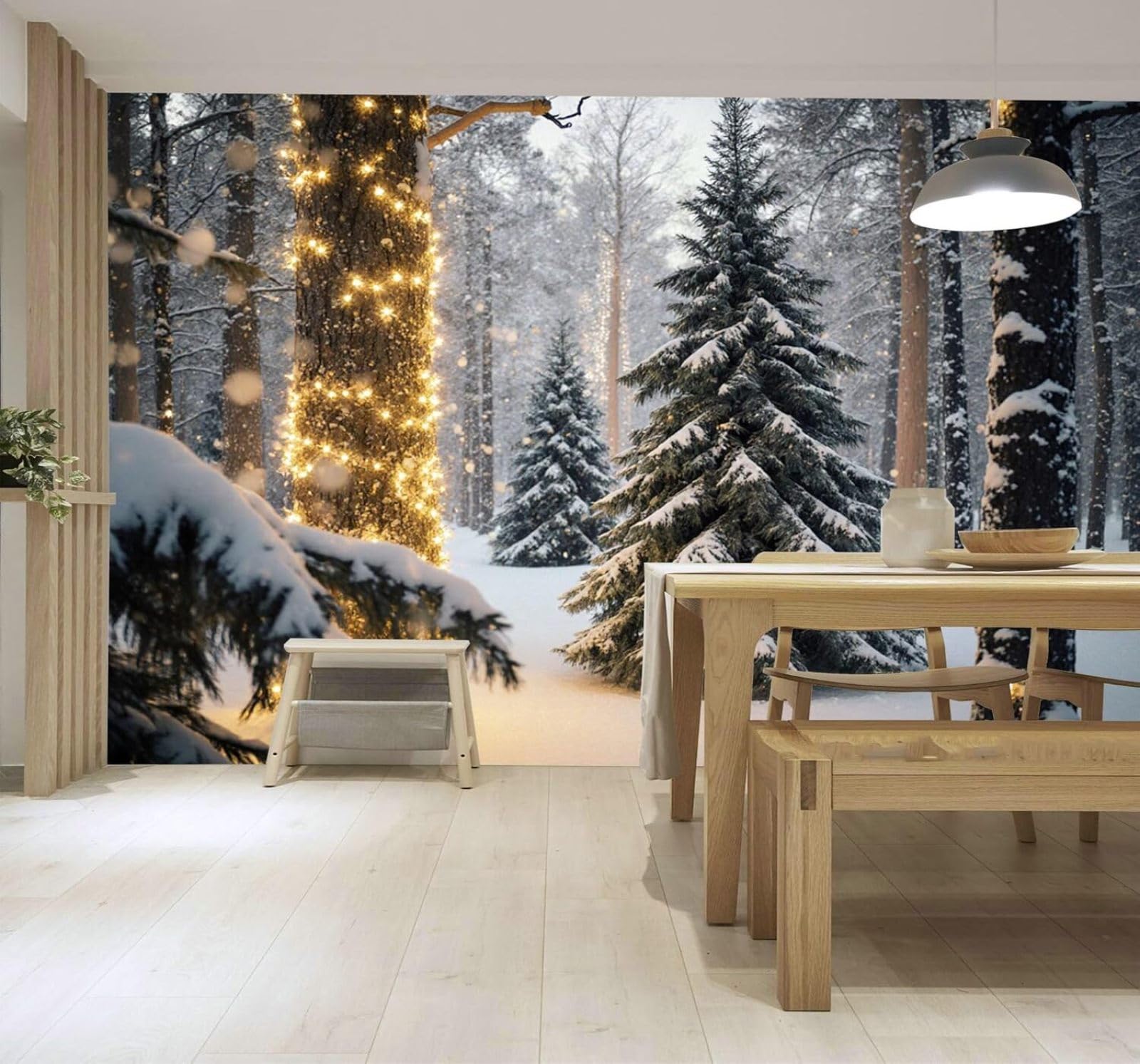 3D Carta da Parati Foresta Pini Luci Calde Suggestivo Paesaggio Invernale