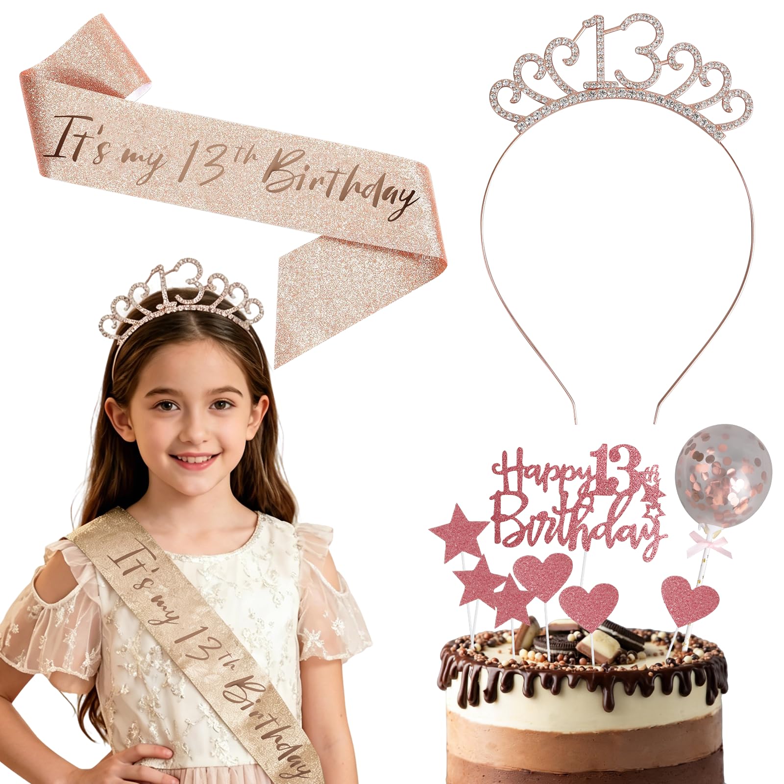 13th Birthday Gifts for Girls, 13th Birthday Decorations Girls, 13th Birthday Sash and Tiara, Glitter Rose Gold Cake Topper for Teenager Girls