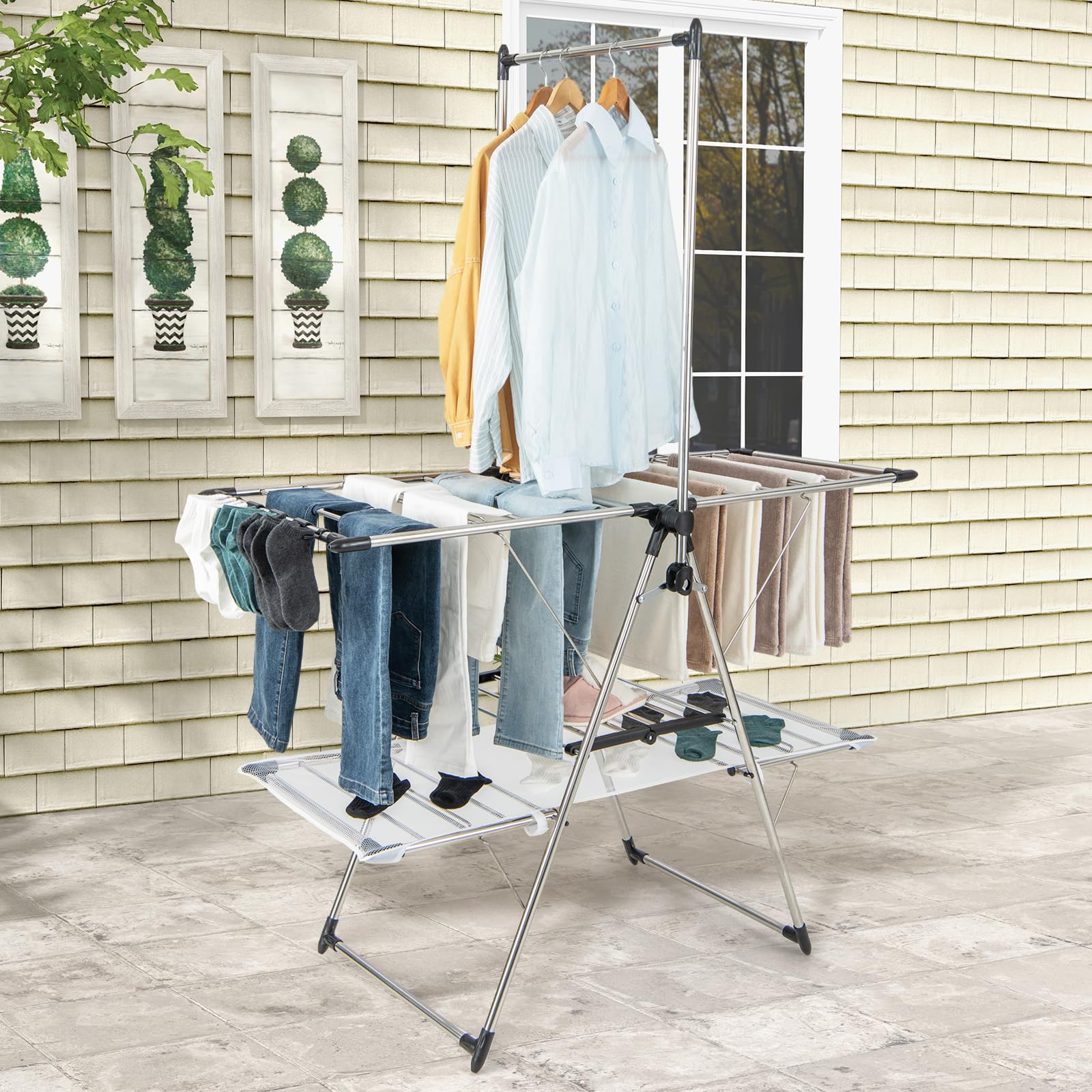 GOPLUS Tendedero Plegable, Soporte de Ropa Vertical con Barra de Colgar, Alas Ajustables 70-140 cm, Pinzas para Calcetines, Tela de Malla y Ganchos para Zapatos, Tendedor Extensible Interior Exterior