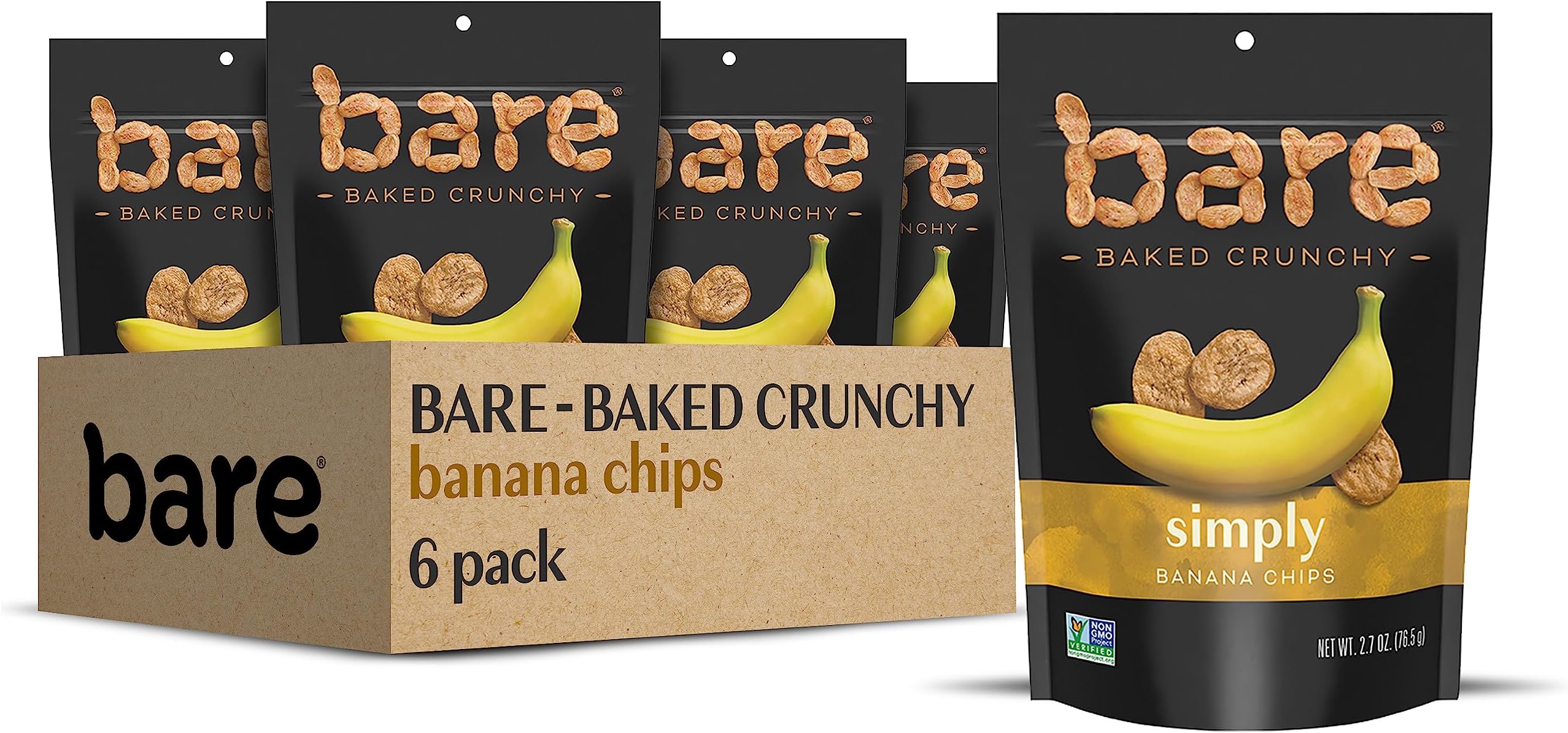Baked Crunchy Banana Chips, Simply Banana, Gluten Free, 2.7 Ounce Bag, 6 Count