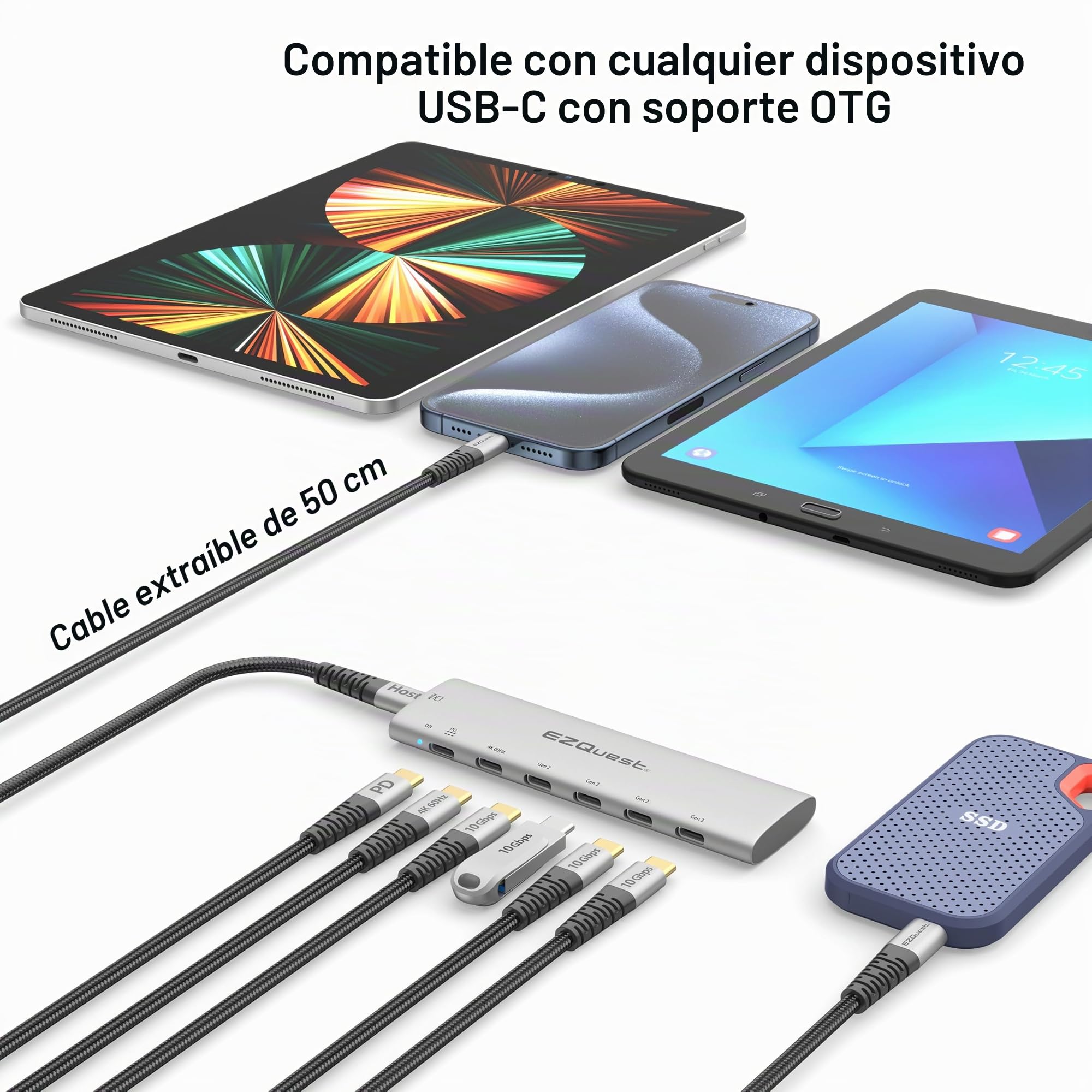 Adaptador USB-C Slim Gen 2 Hub 6 en 1 1 USB-C 4K/60Hz Video, 4 USB-C Gen 2 10Gbps, y 1 USB-C Power Delivery 3.0