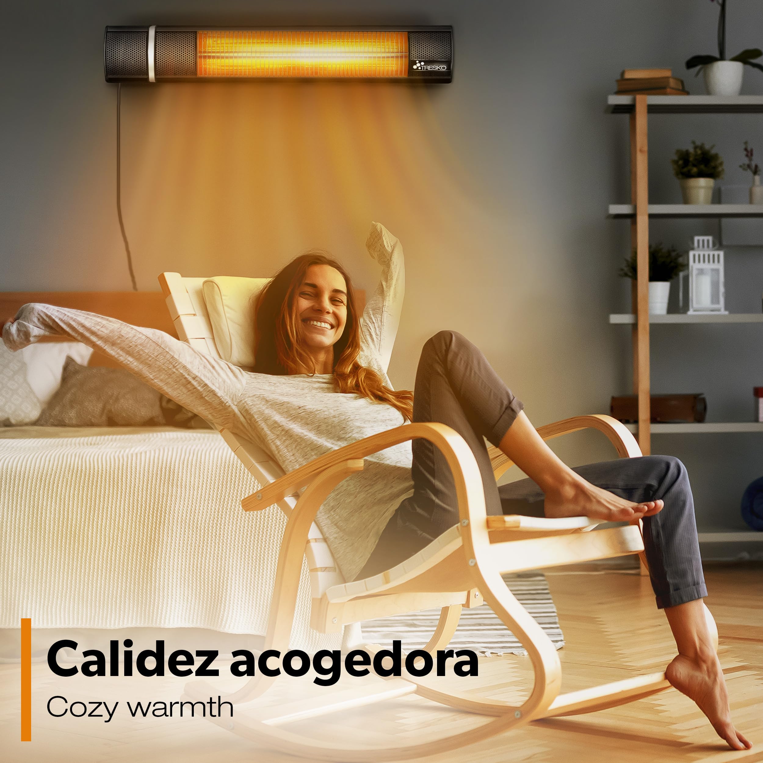TRESKO Calefactor por Infrarrojos de Pared | 2000W + Control Remoto | Estufa Radiante con 3 Temperaturas | Radiador Eléctrico para Exterior e Interior | Calentador de Cuarzo (Negro)