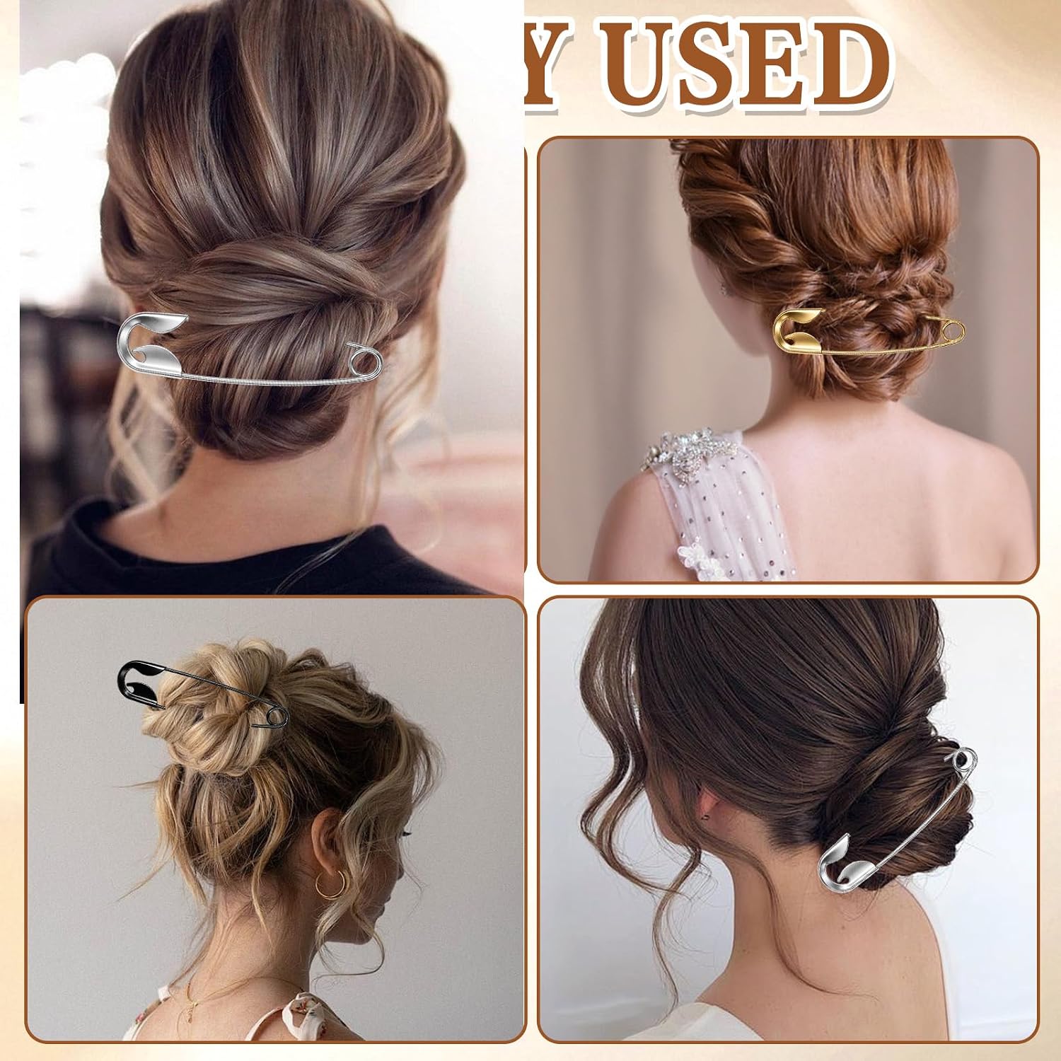 3Pcs Large Safety Pin Hair Clip, Hair Accessories for Women Safety Pin Clip Pretty Exquisite Black Silver Gold Decorations for Women, Suitable for Commuting or Home Use