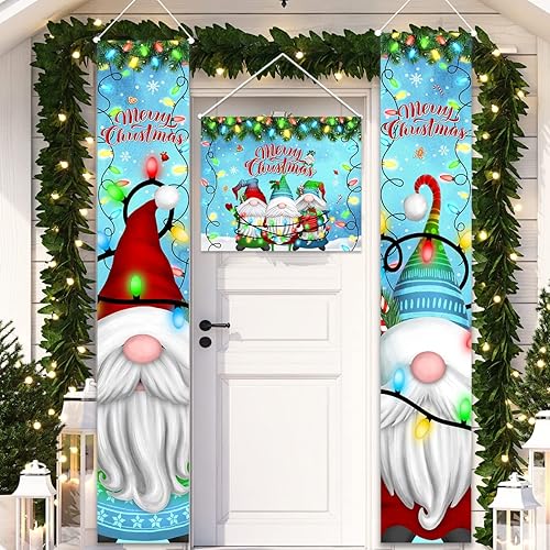 Decoración navideña de gnomo de Navidad, letrero para porche, cadena de luz de Navidad, pancarta colgante de invierno para puerta, decoración para