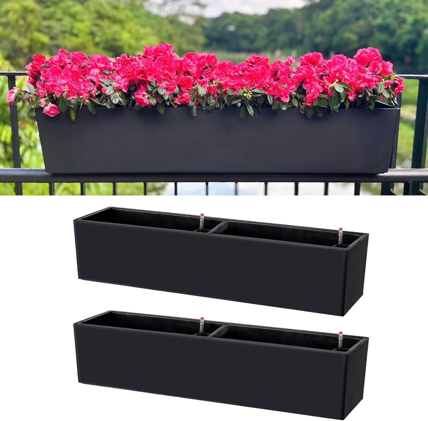 LaLaGreen Rail Planter Boxes for Outdoor (2 Pack, 40") Hanging Flower Pots with Bracket, Black Rectangular Self Watering System Deck Railing Herb Planters Outdoor Plants Container Rail Balcony Fence