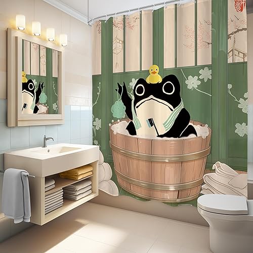 Miniatura 4 de LGhtyro Juego de cortina de ducha con diseño de rana divertida, 60 pulgadas de ancho x 71 pulgadas de alto, tradicional, japonés, lindo animal, flor