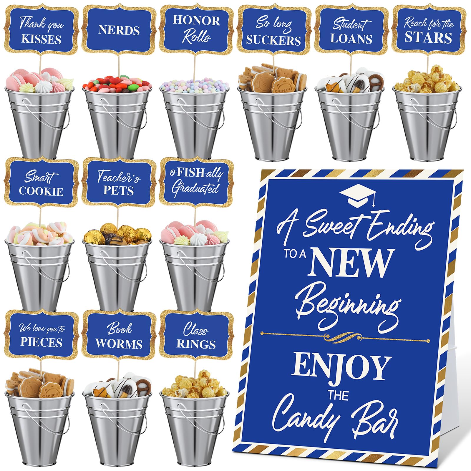Photo 1 of 25 Pcs Graduation Candy Buffet Party Decoration Graduation Table Candy Bar Snack Labels Signs and 5'' Buckets with Handle for Class of 2026 High School College(Pure Style,Blue)
