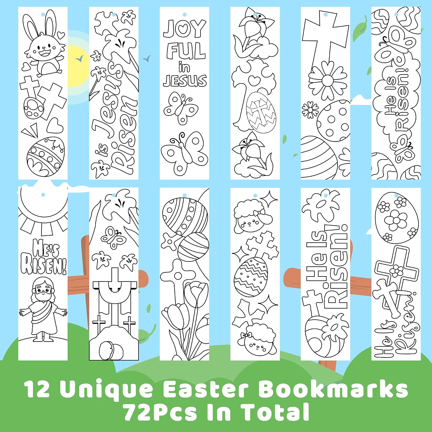 Haooryx 75Pcs Color Your Own Bookmarks, He is Risen Coloring Bookmarks DIY Coloring Blank Paper Bookmark for Christian Reading Enthusiasts Gift Sunday Church Themed Party Goodie Bag Fillers - Image 3