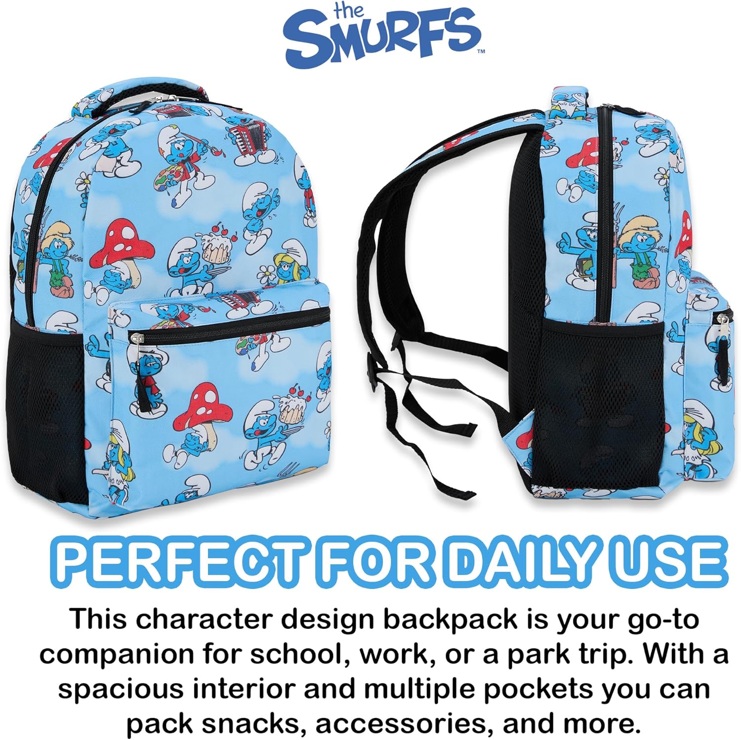 Smurfs Allover Print Backpack - Smurfs, Smurfette, Papa Smurf and Gargamel - Adult and Kids School Bag (Blue) - Image 6