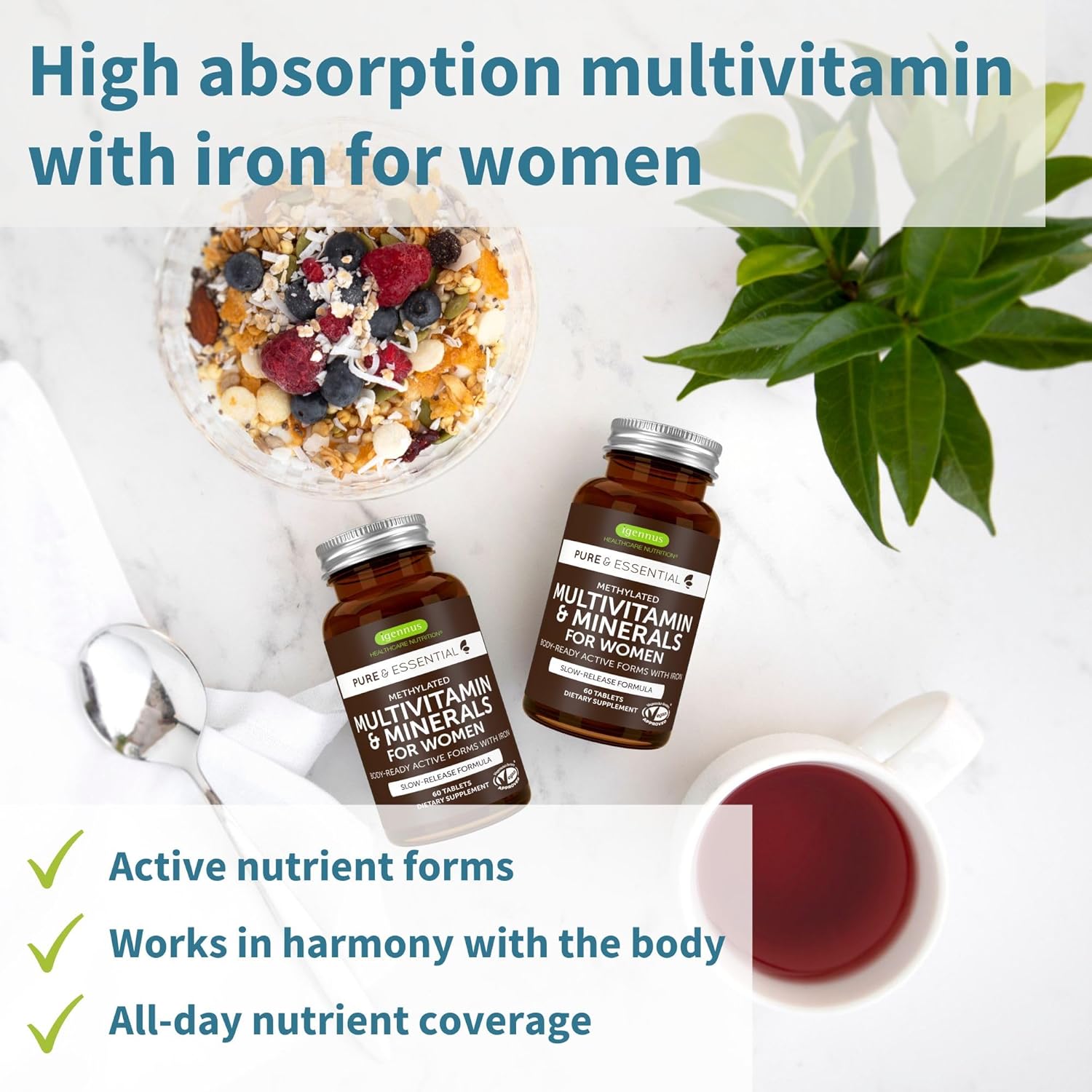 Multivitamin & Minerals for Women + Calcium & Magnesium Complex Vegan Bundle, Sustained Release Advanced Multivitamin + 2:1 Plant Based Algae Mineral Complex, by Igennus