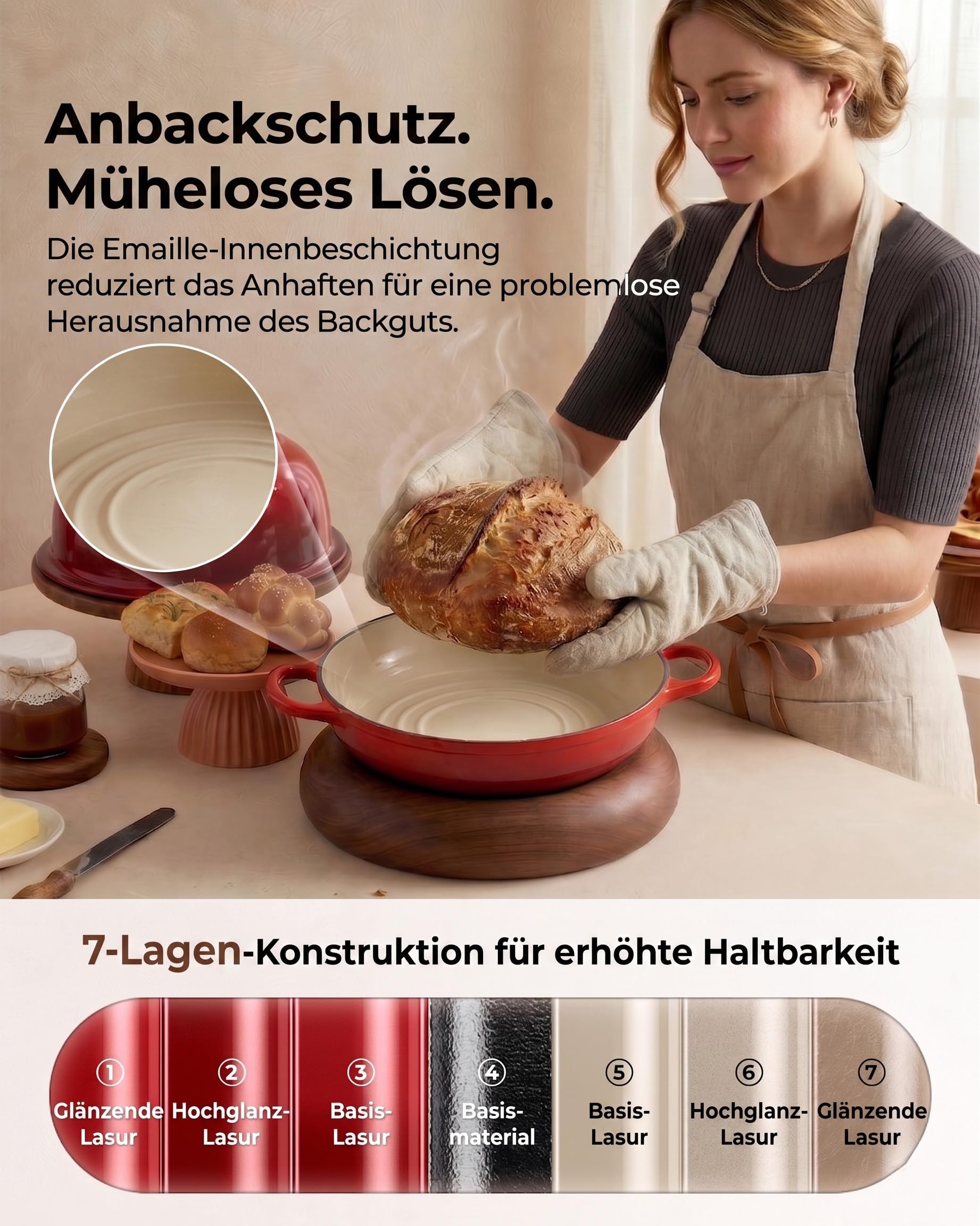 Gusseisen Topf Brot Backen, 4,7L Bräter Emaille Schmortopf mit Deckel und Griffen, 24 cm Dutch Oven, Brotbacktopf für Selbstgemachte, Geshenke für Sauerteigbäcker, Rot