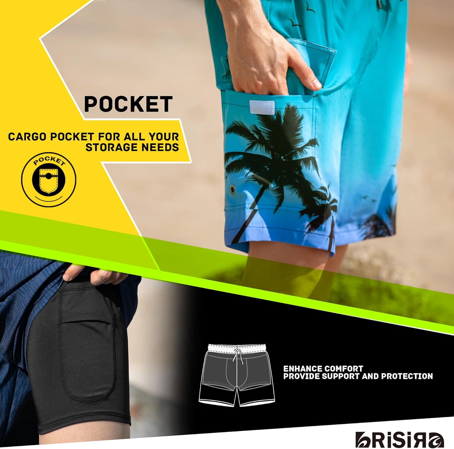 BRISIRA Mens Swim Trunks Bathing Suit 9 Inch Inseam Compression Liner Beach Long Board Shorts Swimsuit Anti-Chafe Quick Dry - Image 4