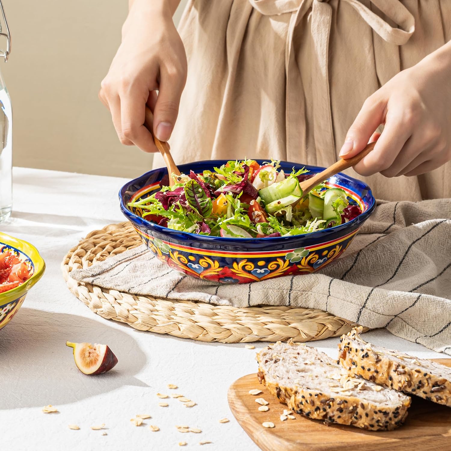 UNICASA Ceramic Pasta Bowls Set, 27 oz Cereal Bowls Set of 4, Porcelain Colorful Bowls for Salad, Soup, Noodle, Boho Style, Dishwasher & Microwave Safe