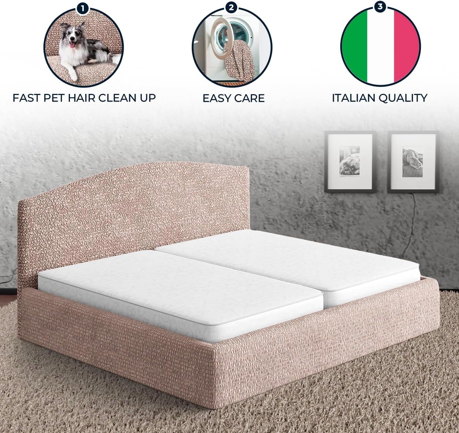 PAULATO BY GA.I.CO. Bed Headboard and Frame Cover - Soft Form Fit Slipcover for King Bedframe - 1-Piece Stretch Headboard Protector - Washable Fabric - Blush Taupe (King 75"-83" Wide)