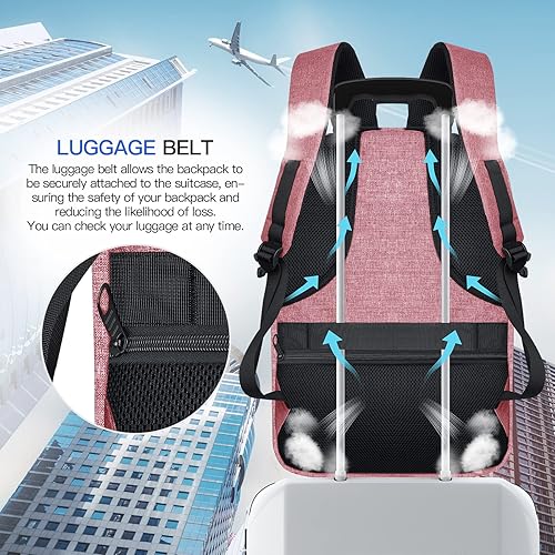 Miniatura 6 de Mochila de viaje grande, mochila grande para laptop de 17 pulgadas para hombres y mujeres con puerto de carga USB, Rosado, Rosa clásico