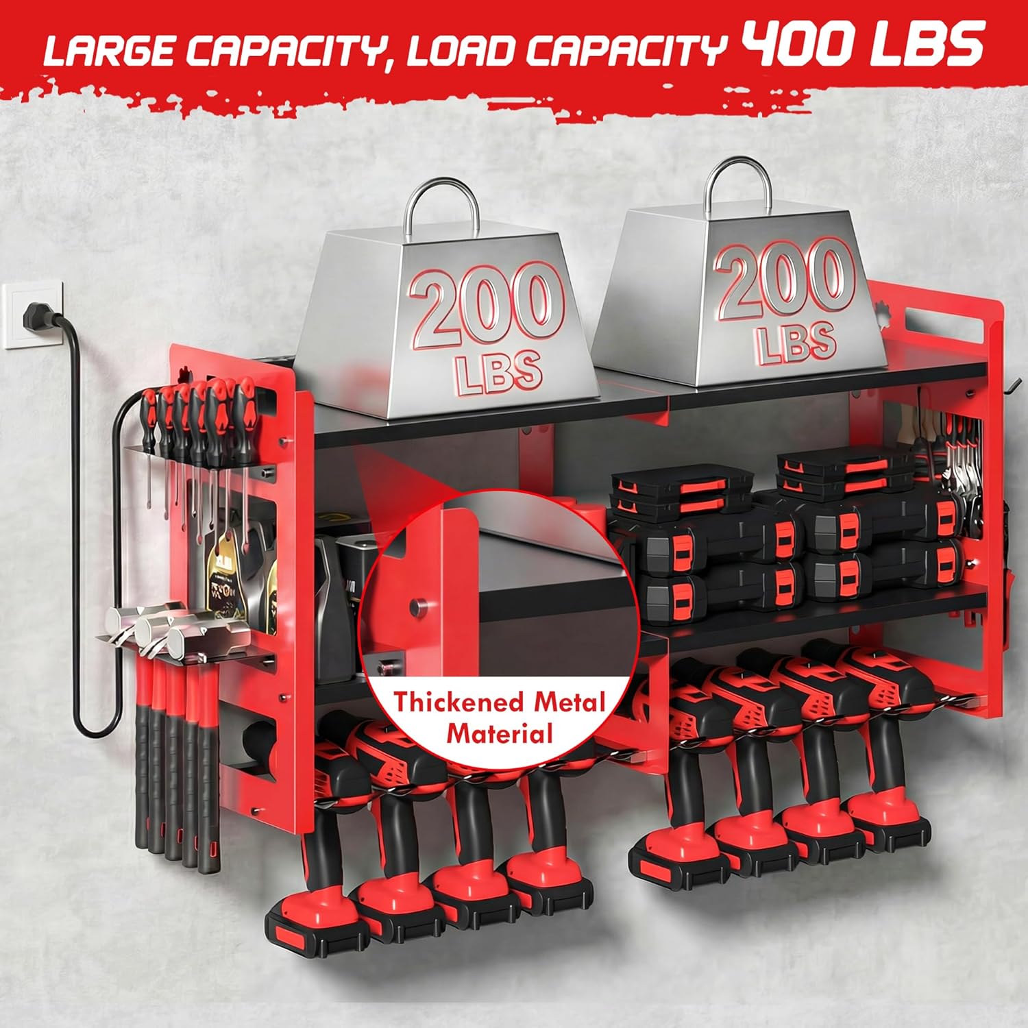 TOPRINCE Large Power Tool Organizer Wall Mount with Charging Station, 3-Tier Heavy Duty Metal Tool Rack with 8 Drill Holders and 6FT Power Strip, Garage Workshop Storage.Red