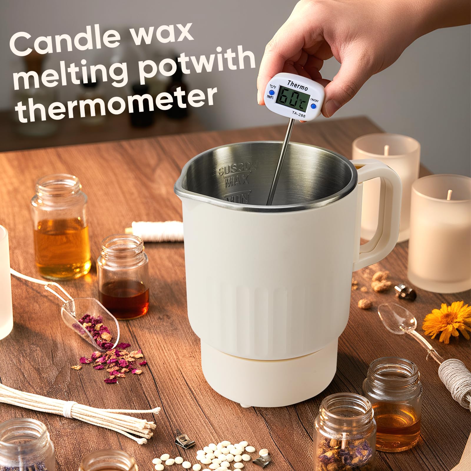 Nastopee Fundidor de cera para velas, 1 litro de olla eléctrica para fundir la cera con velas, juego para adultos, principiantes, con termómetro, mecha de vela, pegatina para mecha de vela, soporte