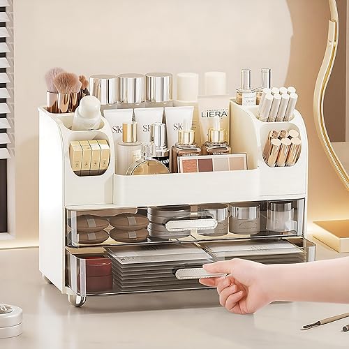 Miniatura 5 de Organizador de maquillaje con 2 cajones, vitrina para cosméticos, soporte de almacenamiento para tocador, mostrador de baño, escritorio, suministros