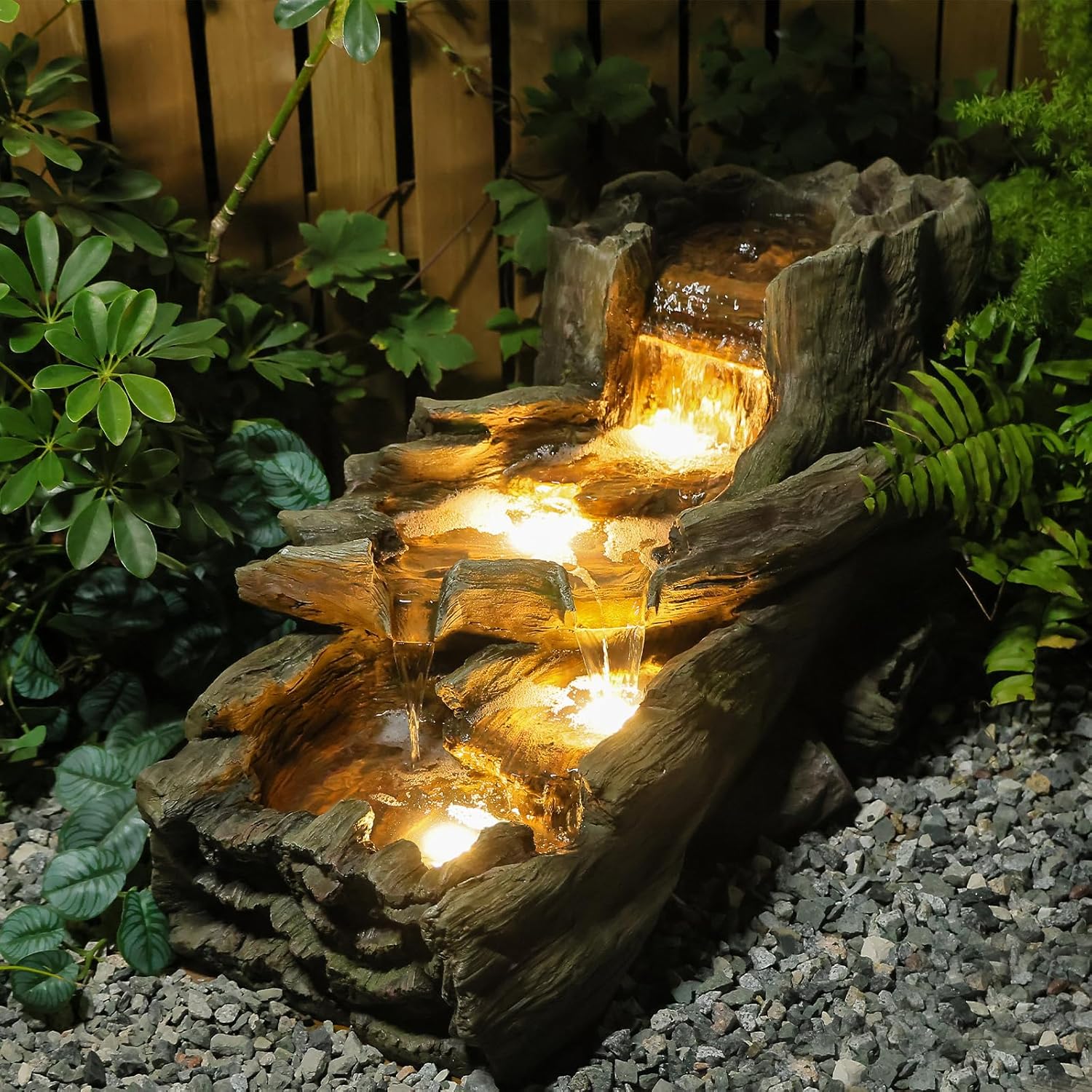 Sunlinua 34.25" 3-Tier Tree Trunk Outdoor Water Fountain with LED Lights - Cascading Waterfall for Garden Patio Backyard