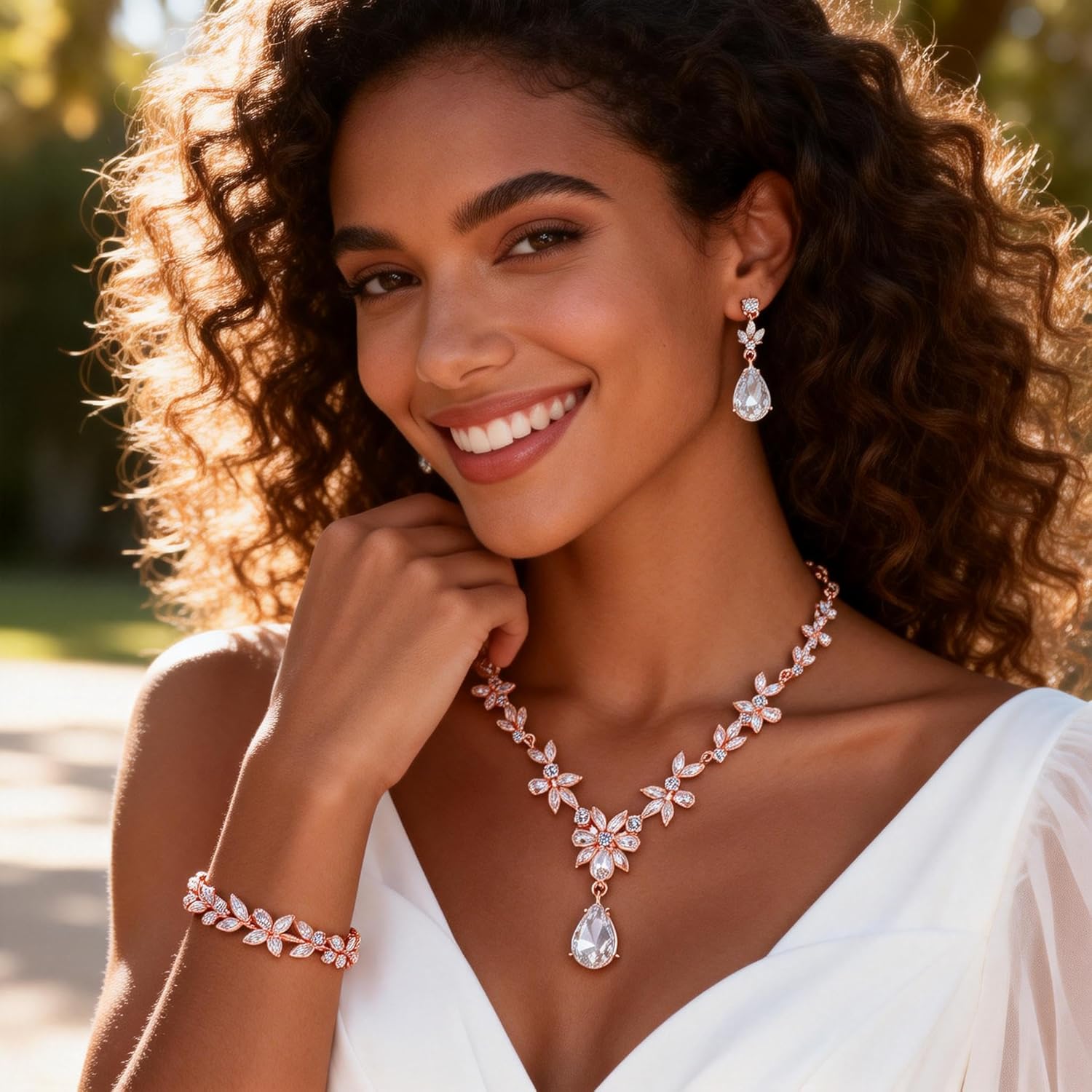 Kamirola Bridal Jewelry Set, Jewelry Set for Women, Necklace Dangle Earrings Bracelet Set, White Gold Plated (TR76) - Image 3