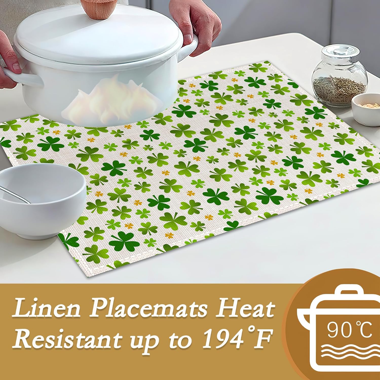 Shamrock Placemats,Green Clover Table Mats Set of 6,12x18 Inch,Waterproof Oil-Proof Washable and Reusable Linen placemats Holiday Party Kitchen Table Decorations image 3