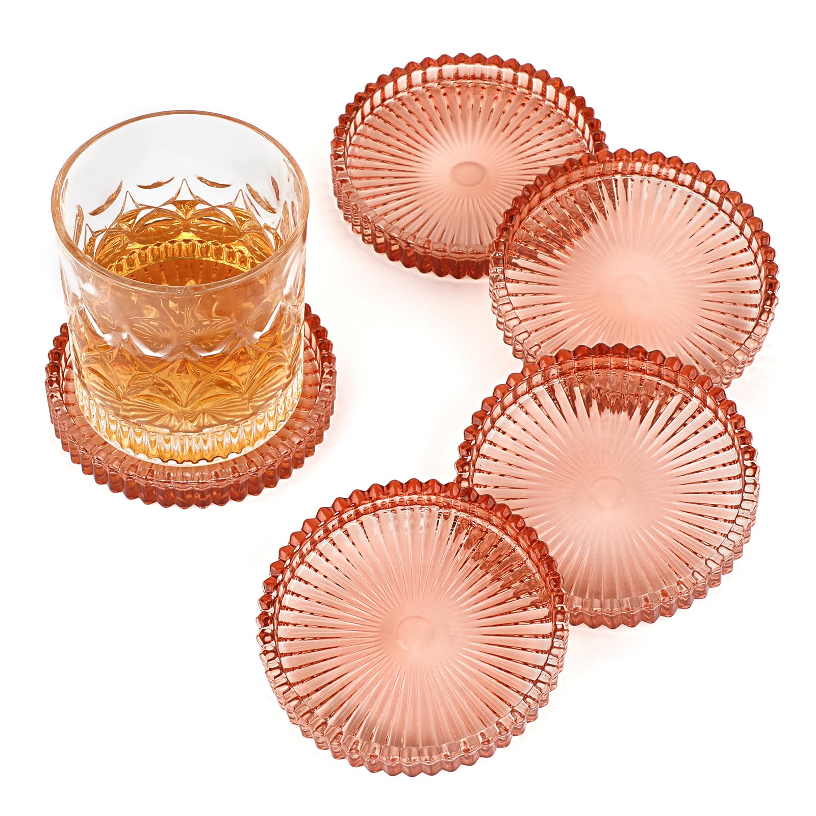 OGANAZI Modern Clear Coaster Set of 5- Glass Coasters for Drinks Crystal Coaster Round Cup Coasters Coffee Table Decor for Office, Kitchen, Bar,