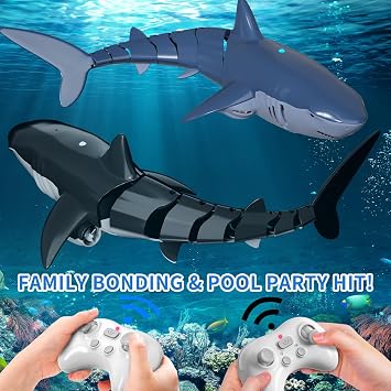 2.4GHz Remote Control Shark Toy for Pool, 1:18 Scale High Simulation RC Shark with Light & Spray Water, Electric Remote Controlled Swimming Toy Boat for 6 7 Year olds Kid Boys (Black)