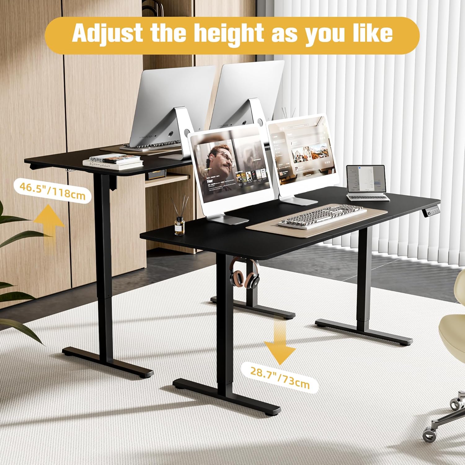 Two ERGOMAKER desks, one at its lowest height and one at its highest, demonstrating the adjustable range.