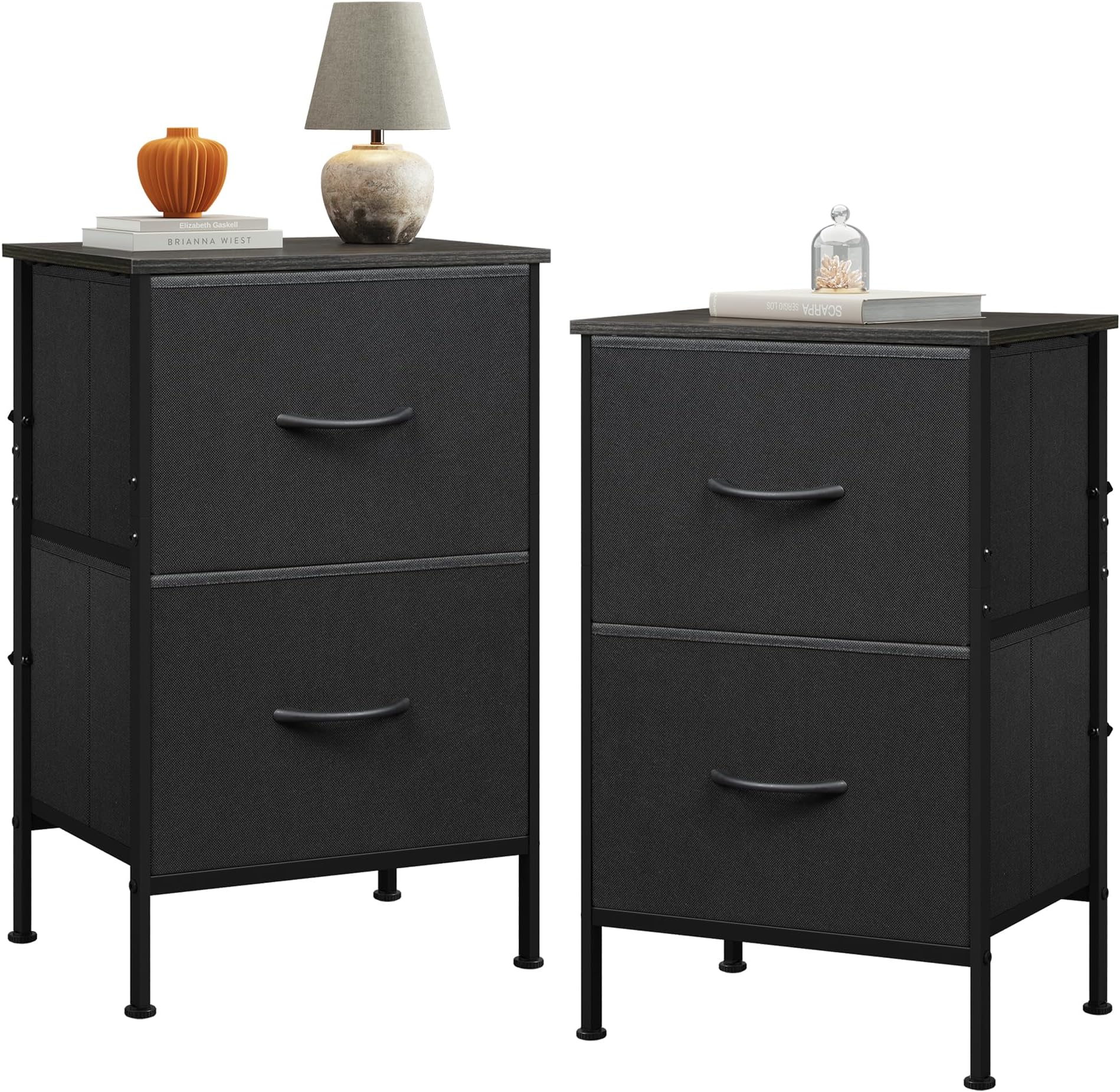 WLIVE Nightstand Set of 2, 2 Drawer Dresser for Bedroom, Small Dresser with 2 Drawers, Bedside Furniture, Night Stand, End Table with Fabric Bins for Bedroom, Dorm, Charcoal Black