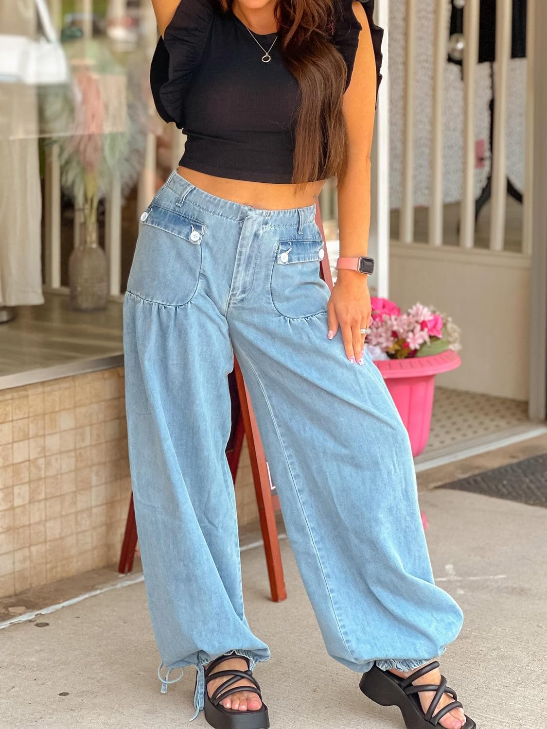 Women's Wide Leg Barrel Jeans Mid Rise Baggy Flared Boyfriend Y2k Elastic Buttoned Cargo Denim Palazzo Pants Lantern Jeans