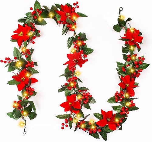 Miniatura 1 de Guirnalda de Navidad artificial preiluminada con luces, flores de Pascua de 6 pies, hojas de acebo, bayas rojas para árbol, chimenea, escalera