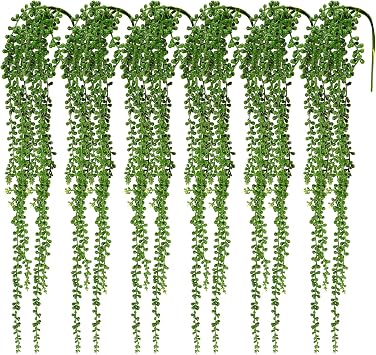 6pcs Pearl String Plants Artificial Hanging Succulent Plants Artificial Pearl String Green Plants Fake Hanging Plant Faux Pearl String for Wall Home Garden Indoor Outdoor