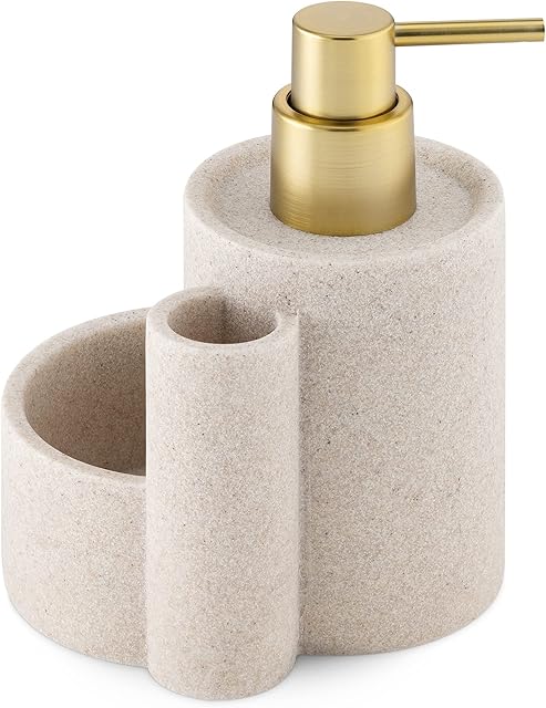 Navaris Kitchen Soap Dispenser Caddy - Washing Up Liquid Dispenser with Sponge Tray and Brush Holder - Refillable Pump for Countertop - Beige/Brass