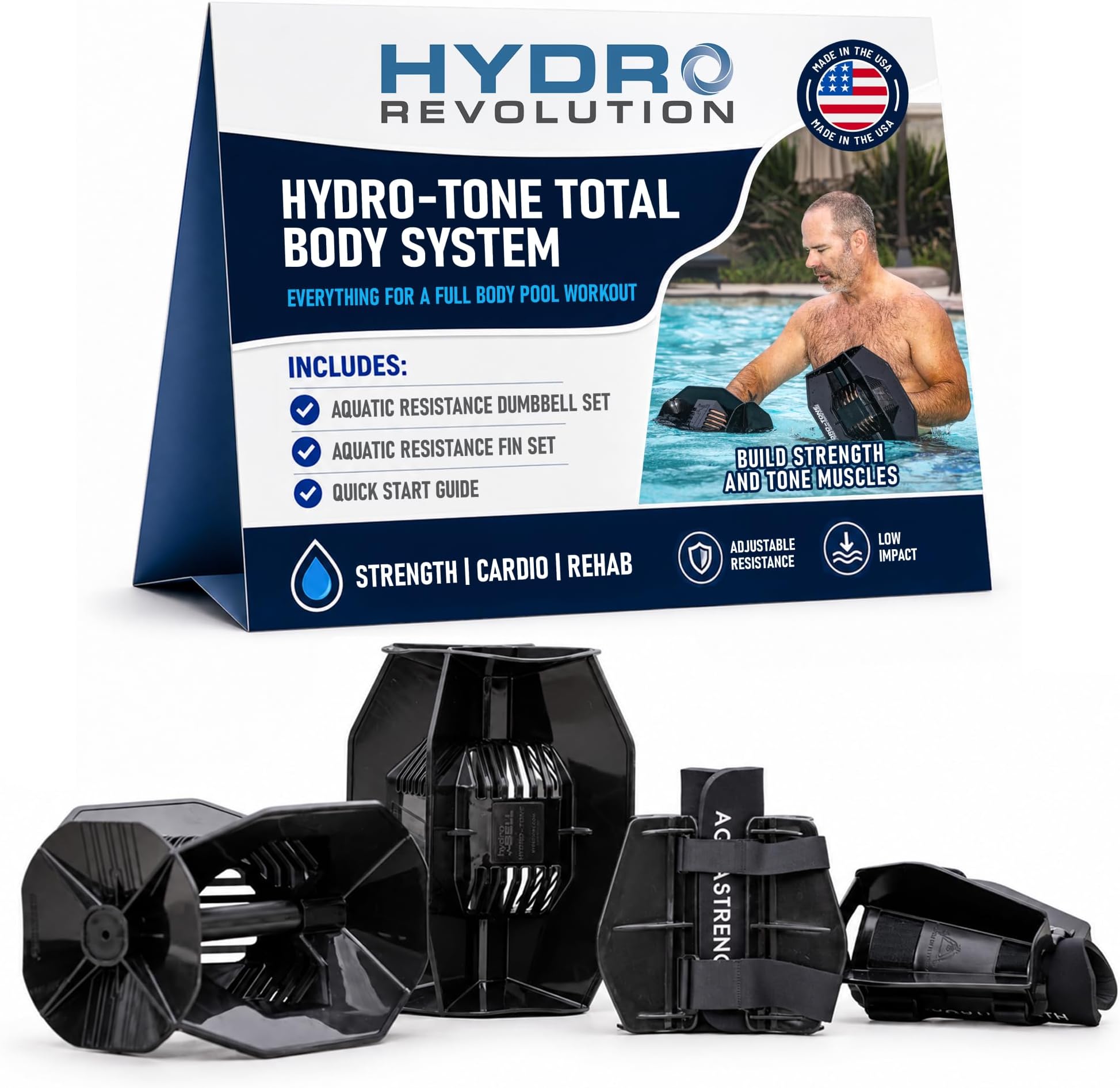Hydro-Tone Total Body Pool Exercise System | Isokinetic Functional Water Weights | Build Muscle - Easy on Joints | Water Aerobics | Quick Start Guide (Black)
